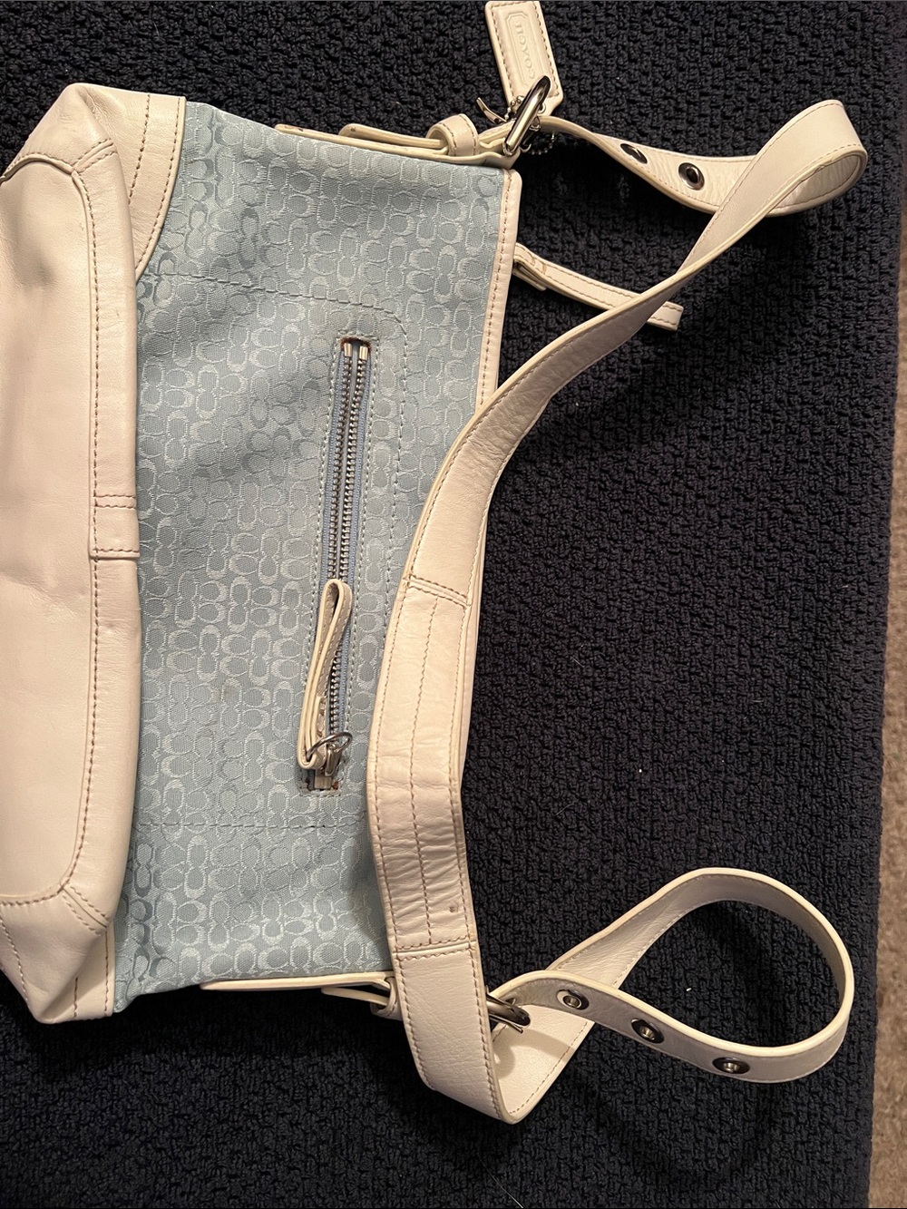 Coach Light Blue Signature Jacquard Shoulder Bag with Cream Trim
